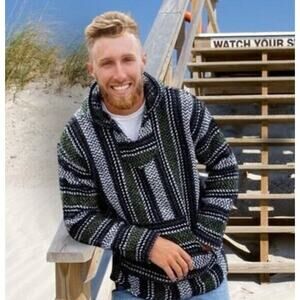 BAJA JOE Mexican Poncho Surf Beach Cozy Thick Hand Woven Hooded Pullover Size M